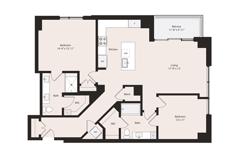 Floor plan for 2 beds, 2 baths, 1296 sqft